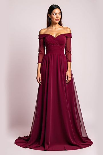 Elegant Burgundy A Line Off the Shoulder Mother of the Bride Dress with Long Sleeves